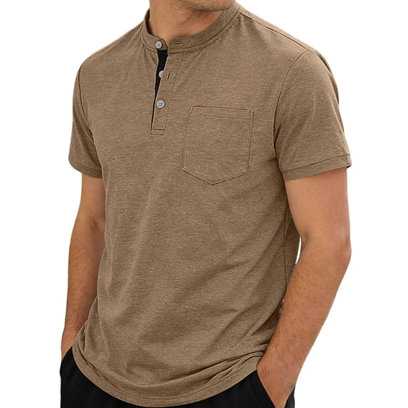 Klisyaur Summer Men's Short Sleeved Shirt Solid Color Short Sleeved Three Button Casual T-shirt Men's Short Sleeved Stand Up Collar Top/shirt