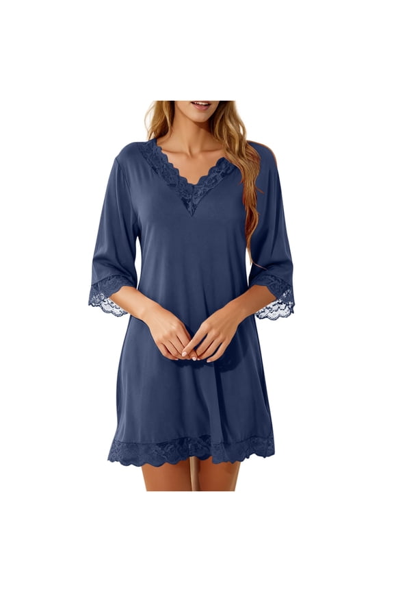 Women's Summer Nightshirts Solid Color Lace Soft Lightweight V Neck 3/4 Sleeve Sleeping Sleepdress