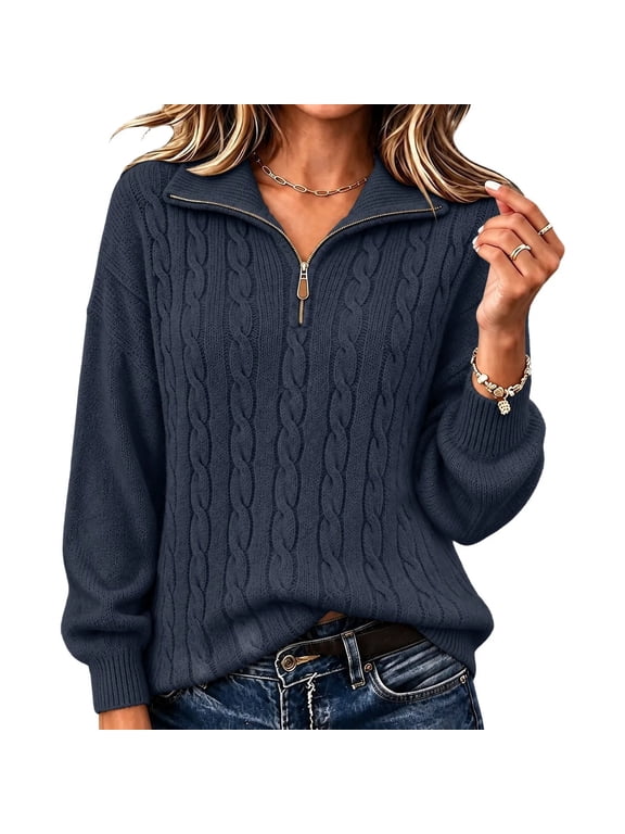 Womens Cable Knit Sweaters Long Sleeve Collared Zip Up Pullover Tops Loose Comfy Casual Warm Fall Winter Sweater