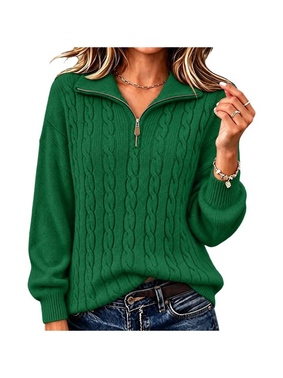 Womens Cable Knit Sweaters Long Sleeve Collared Zip Up Pullover Tops Loose Comfy Casual Warm Fall Winter Sweater