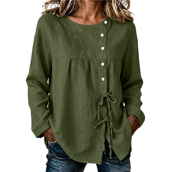 Klisyaur Womens Crew Neck Shirts Side Button Up Long Sleeve Tunic Tops Casual Loose Comfy Fall Winter Blouses