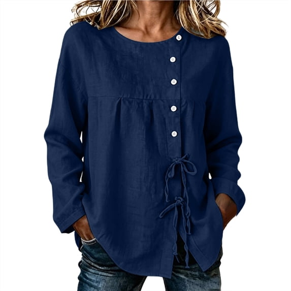 Klisyaur Womens Crew Neck Shirts Side Button Up Long Sleeve Tunic Tops Casual Loose Comfy Fall Winter Blouses