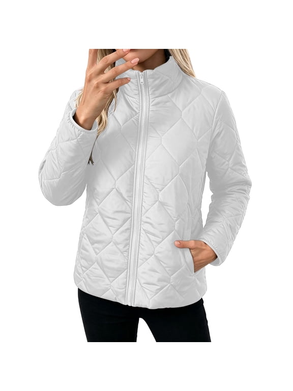 Womens Lightweight Quilted Jackets Long Sleeve Zip Up Collared Fall Winter Jackets Casual Loose Warm Comfy Coats