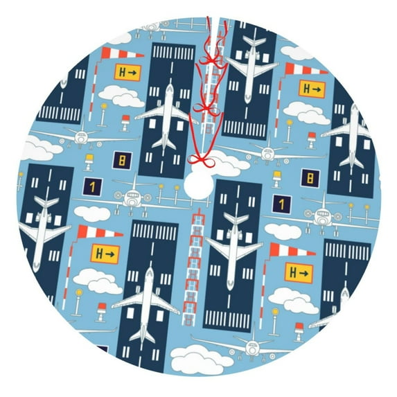 Kll 30" Christmas Tree Skirt Airplanes And Aviation Signs Xmas Tree Skirts Mat For New Year Xmas Holiday Party Indoor Outdoor Home Decoration