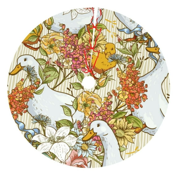 Kll 30" Christmas Tree Skirt Ducks And Flowers Xmas Tree Skirts Mat For New Year Xmas Holiday Party Indoor Outdoor Home Decoration
