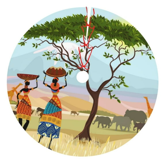 Kll 36" Christmas Tree Skirt African Women In Mountain Landscape Xmas Tree Skirts Mat For New Year Xmas Holiday Party Indoor Outdoor Home Decoration