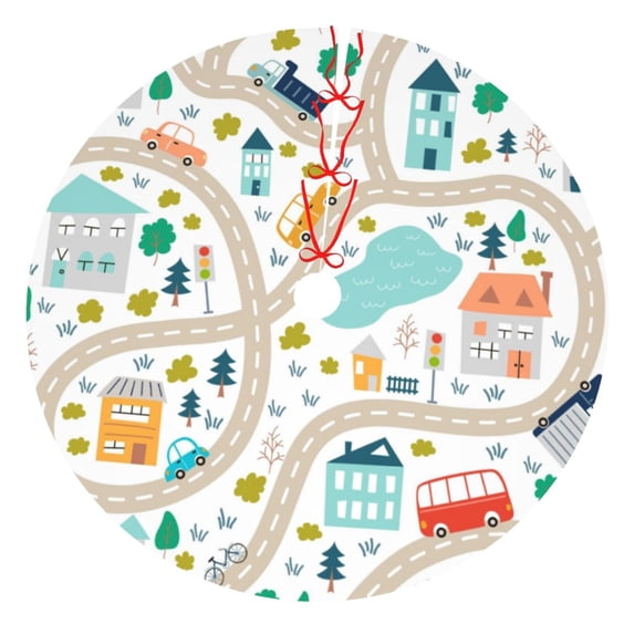 Kll 36" Christmas Tree Skirt Hand Drawn Cars Trucks Buses And Roads Xmas Tree Skirts Mat For New Year Xmas Holiday Party Indoor Outdoor Home Decoration