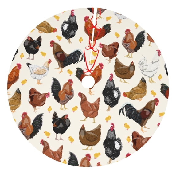 Kll 36" Christmas Tree Skirt Roosters And Chickens Xmas Tree Skirts Mat For New Year Xmas Holiday Party Indoor Outdoor Home Decoration