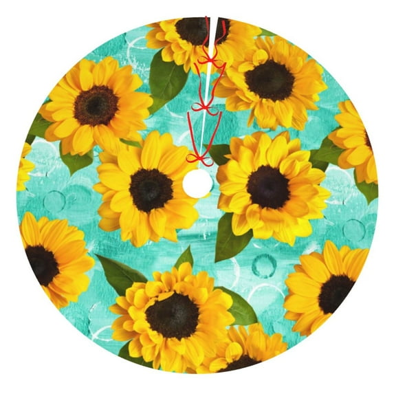 Kll 36" Christmas Tree Skirt Yellow Sunflowers With Green Leaves Xmas Tree Skirts Mat For New Year Xmas Holiday Party Indoor Outdoor Home Decoration