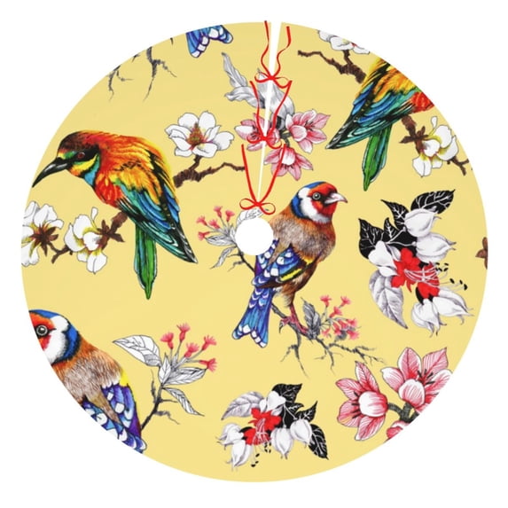 Kll 48" Christmas Tree Skirt Beautiful Bright Birds And Flowers Xmas Tree Skirts Mat For New Year Xmas Holiday Party Indoor Outdoor Home Decoration