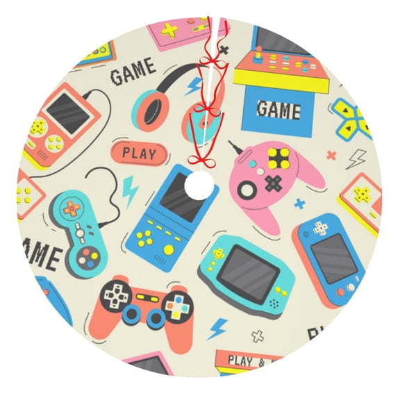 Kll 48" Christmas Tree Skirt Playing Video Games Xmas Tree Skirts Mat For New Year Xmas Holiday Party Indoor Outdoor Home Decoration