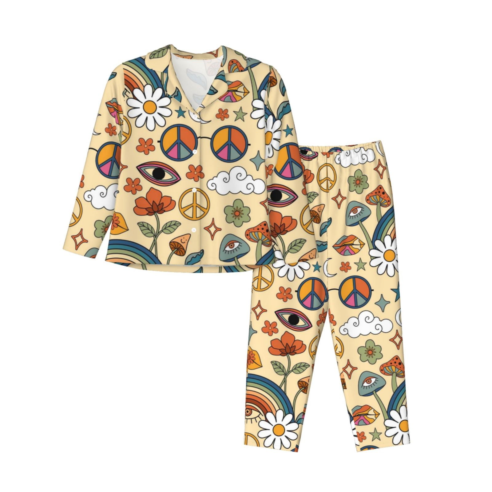 Kll 70s Hippie Style Print Women'S Long Sleeve Pajamas With