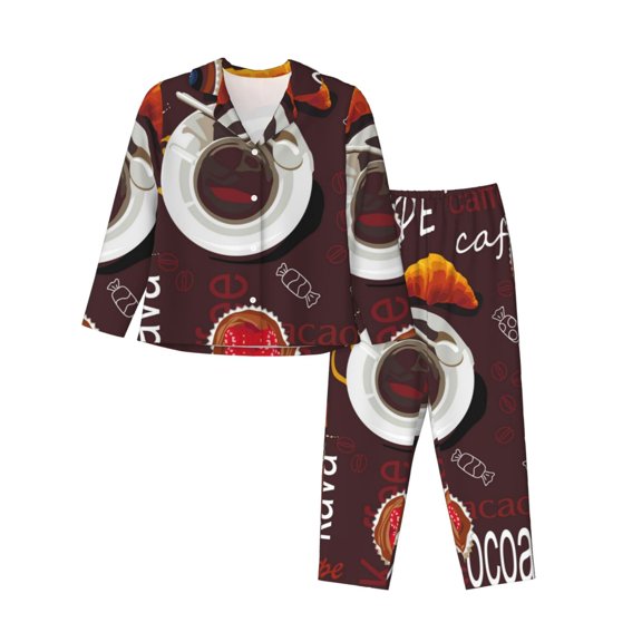 Kll A Cup Of Black Coffee On A Saucer Print Women'S Long Sleeve Pajamas With Pants Sleepwear Loungewear 2 Set-Large