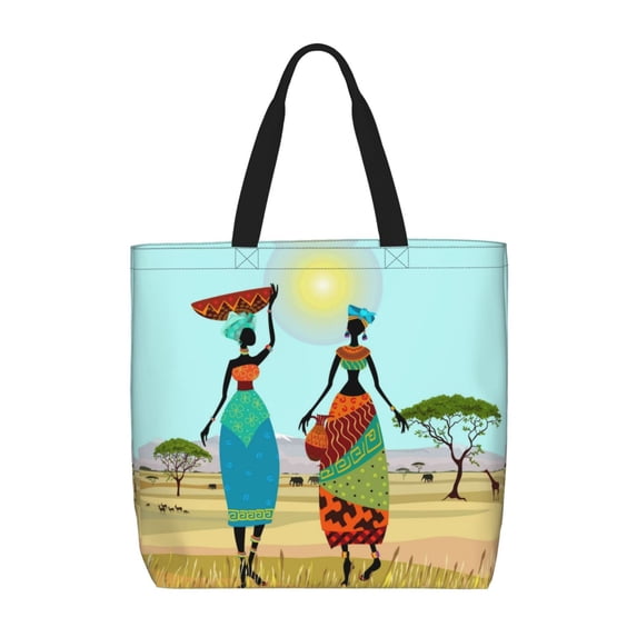 Kll African Women In Mountain Landscape Pattern Aesthetic Tote Bag For Women Beach Bag Shopping Bags Shoulder Bag Reusable Grocery Bags