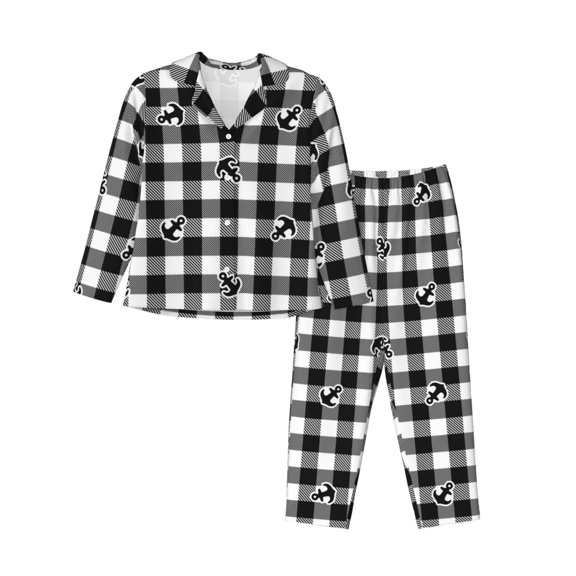 Kll Anchor Black Tartan Plaid Print Women'S Long Sleeve Pajamas With Pants Sleepwear Loungewear 2 Set-Large