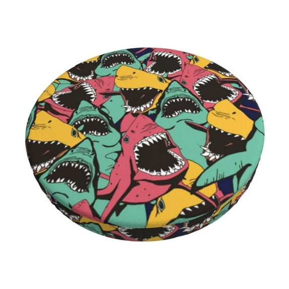Kll Angry Shark Pattern Round Bar Chair Cushion Cover 14 Inch,Bar Stool Protector With Elastic, Soft Washable