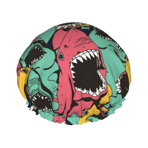 Kll Angry Shark Pattern Pattern Shower Cap & Bath Cap For Women,Reversible Oversized Waterproof Shower Caps For All Hair Lengths,Elastic Reusable Bathing Hair Cap