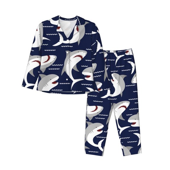 Kll Angry Shark Print Women'S Long Sleeve Pajamas With Pants Sleepwear Loungewear 2 Set-Small