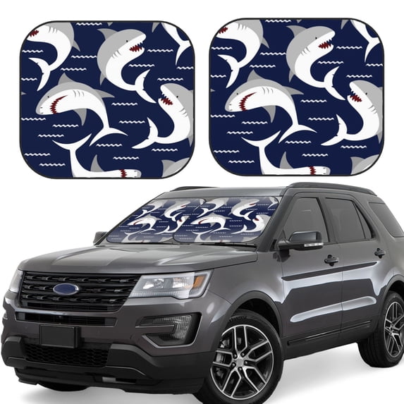 Kll Angry Shark Windshield Sun Shade 2-Piece Foldable Car Front Window Sunshade For Most Sedans Suv Truck- Large