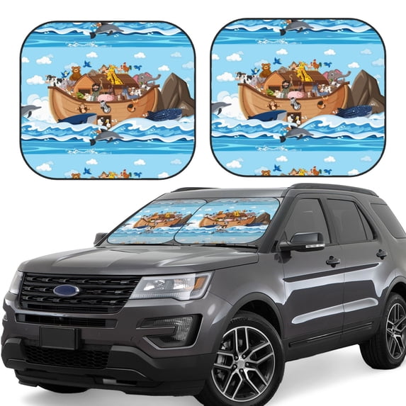 Kll Animals On Noah'S Ark Floating Windshield Sun Shade 2-Piece Foldable Car Front Window Sunshade For Most Sedans Suv Truck - Auto Sun Blocker Visor Protector Blocks Max Uv Rays - Small