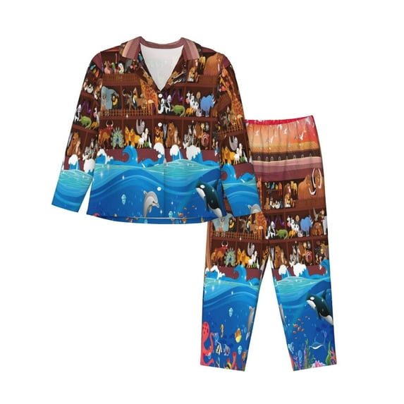 Kll Animals On Noah'S Ark Print Women'S Long Sleeve Pajamas With Pants Sleepwear Loungewear 2 Set-Xx-Large