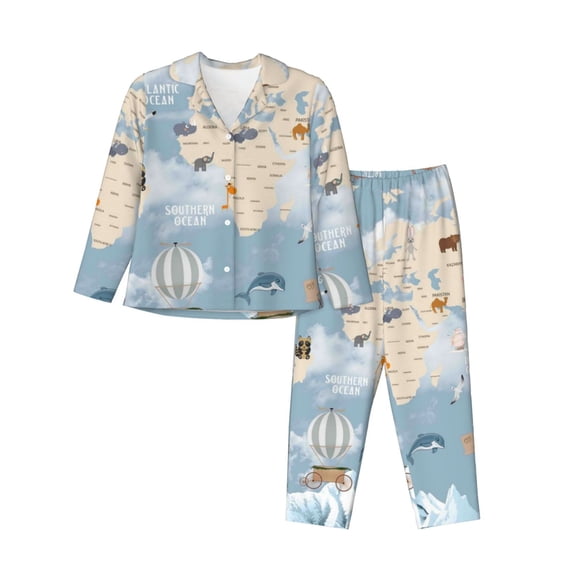 Kll Animals Travel World Map Print Women'S Long Sleeve Pajamas With Pants Sleepwear Loungewear 2 Set-Small