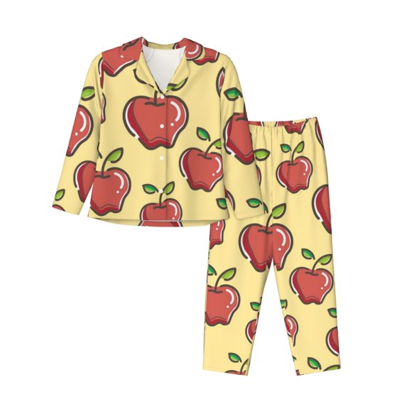 Kll Apple Print Women'S Long Sleeve Pajamas With Pants Sleepwear Loungewear 2 Set-Small
