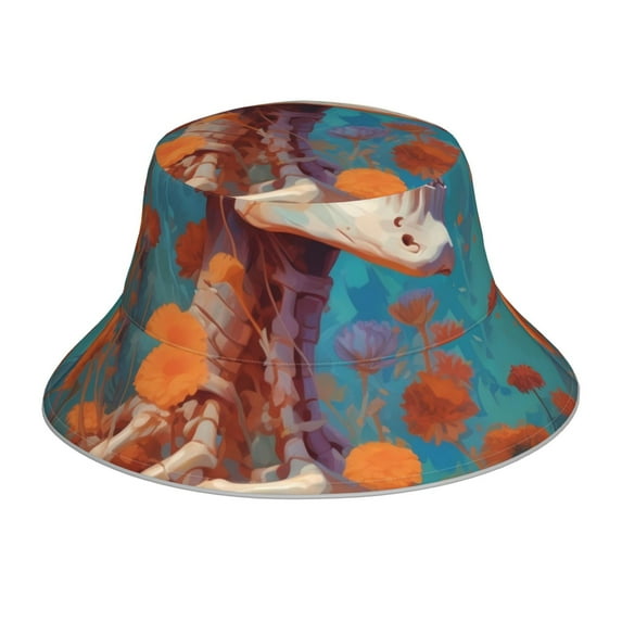 Kll Artistic Orange Carnation Skull Bucket Hat for Women Men Packable Travel Beach Sun Hat Outdoor Rave Accessories Reflective Fisherman Cap
