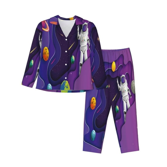 Kll Astronaut Print Women'S Long Sleeve Pajamas With Pants Sleepwear Loungewear 2 Set-Small