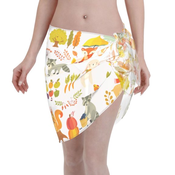 Kll Autumn Forest Animals Print Women'S Sarong Coverups Short Bathing Suit Wrap Skirt Beach Wrap Swimsuit Cover Ups