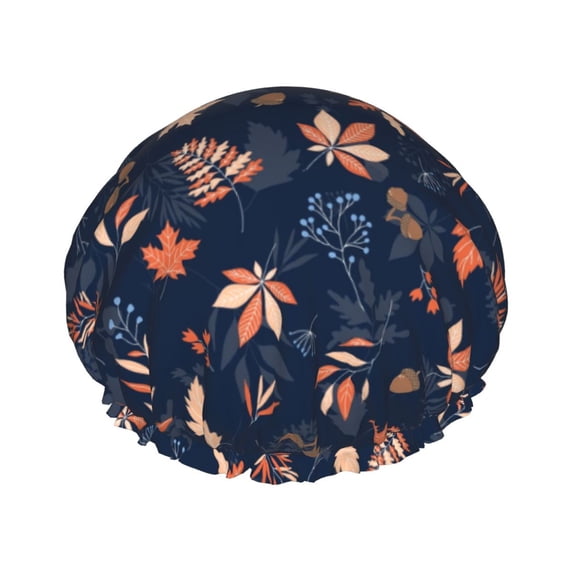 Kll Autumn Leaves With Blue Pattern Shower Cap & Bath Cap For Women,Reversible Oversized Waterproof Shower Caps For All Hair Lengths,Elastic Reusable Bathing Hair Cap