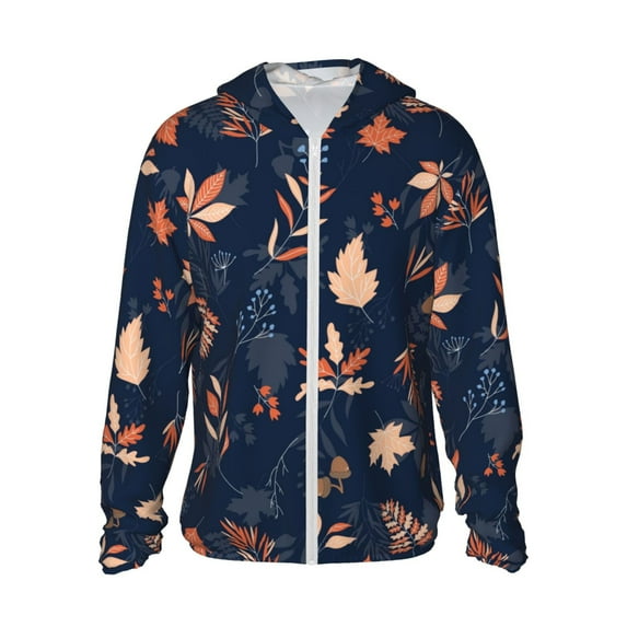 Kll Autumn Leaves With Blue Print Men'S Women’s Upf 50+ Sun Protection Outdoor Hoodie Jacket Long Sleeve Fishing Hiking Performance Shirt- Medium