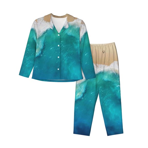 Kll Beach Print Women'S Long Sleeve Pajamas With Pants Sleepwear Loungewear 2 Set-Large
