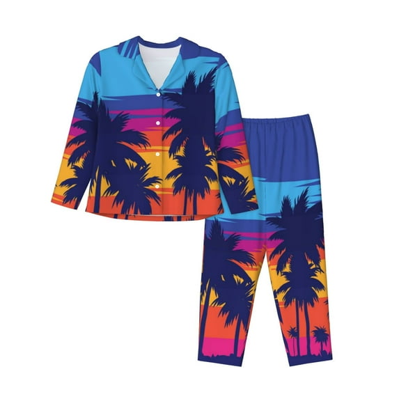 Kll Beach With Palm Trees Print Women'S Long Sleeve Pajamas With Pants Sleepwear Loungewear 2 Set-Large