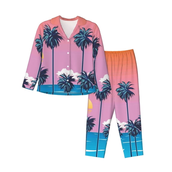 Kll Beach With Palm Trees Print Women'S Long Sleeve Pajamas With Pants Sleepwear Loungewear 2 Set-X-Large
