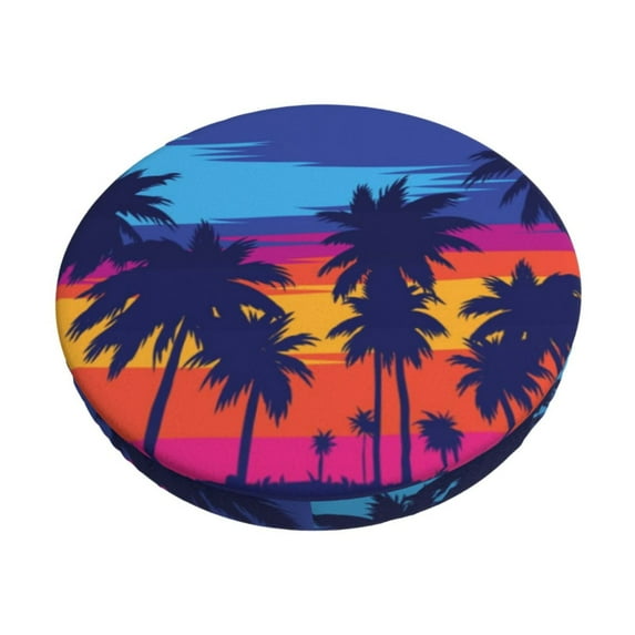 Kll Beach With Palm Trees Round Bar Chair Cushion Cover 12 Inch,Bar Stool Protector With Elastic, Soft Washable