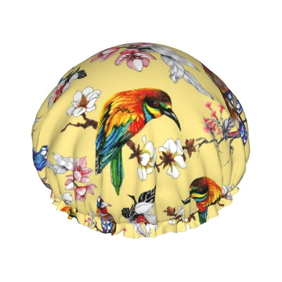 Kll Beautiful Bright Birds And Flowers Pattern Shower Cap & Bath Cap For Women,Reversible Oversized Waterproof Shower Caps For All Hair Lengths,Elastic Reusable Bathing Hair Cap
