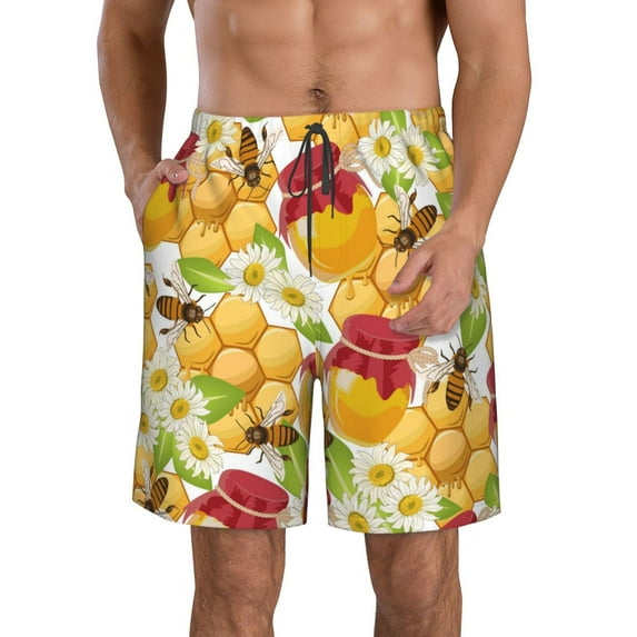 Kll Bees Honeycomb Jars Of Honey Flowers Men'S Casual Summer Beach Shorts Hawaiian Shorts With Pockets-Xx-Large