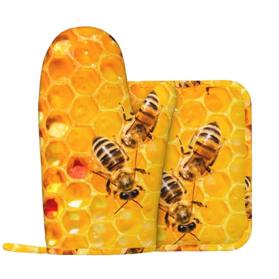 Kll Bees On Hive Honeycomb Oven Gloves And Pot Holders Grill Gloves - Oven Gloves And Pot Holders, Non-Slip Cooking Gloves With Recycled Pads