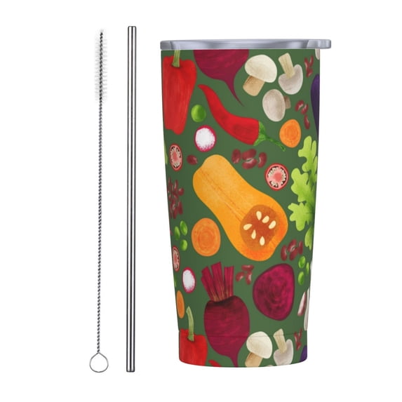 Kll Begetable Stainless Steel Vacuum Insulated Coffee Cup 20 Oz Insulated Travel Mug Water Cup With Leak-Proof Straw Lid & Flip Lid,1 Metal Straws,1 Cleaning Brush
