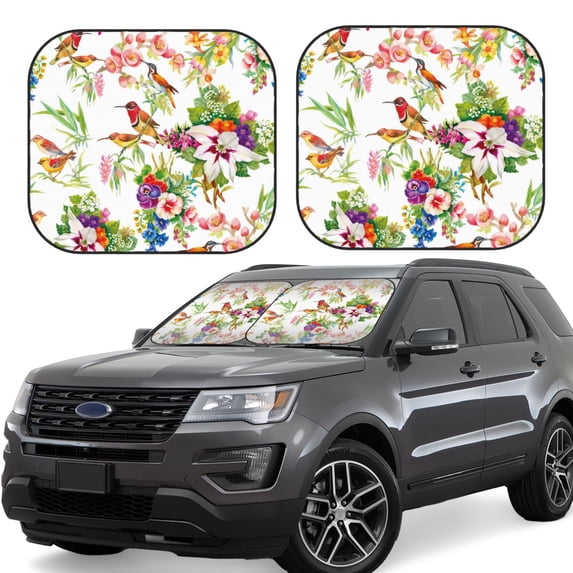 Kll Birds And Flowers Windshield Sun Shade 2-Piece Foldable Car Front Window Sunshade For Most Sedans Suv Truck- Medium