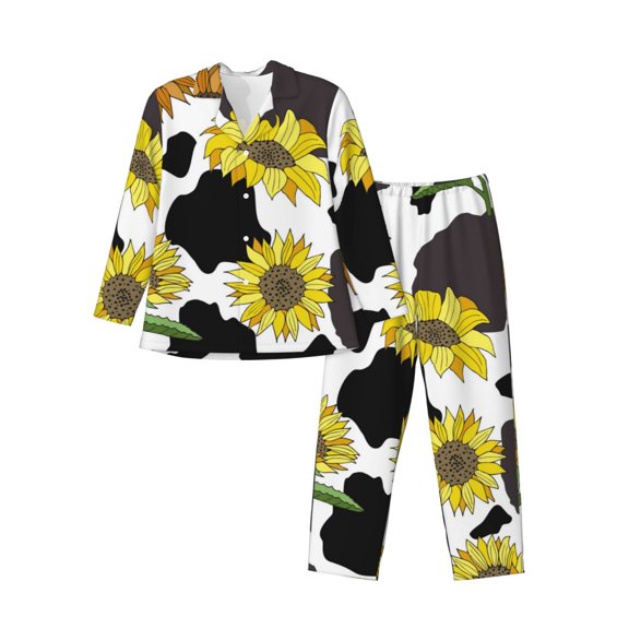 Kll Black Cow Sunflowers Sleepwear Mens Flannel Pajamas,Long Cotton Pj Set