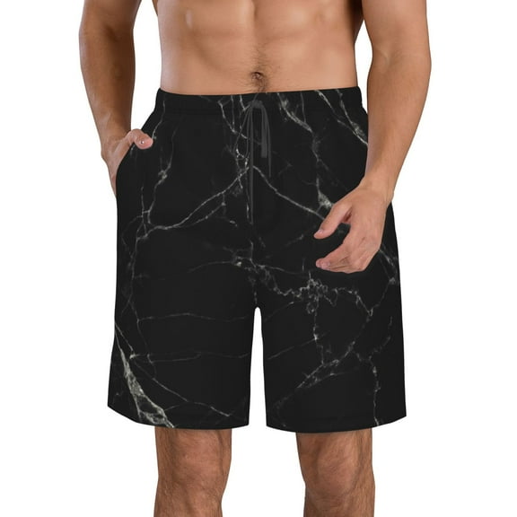 Kll Black Marble Texture Abstract Men'S Casual Summer Beach Shorts Hawaiian Shorts With Pockets-Medium