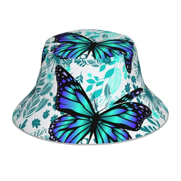 Kll Blue Floral With Butterflies Bucket Hat For Women Men Packable Travel Beach Sun Hat Outdoor Rave Accessories Reflective Fisherman Cap