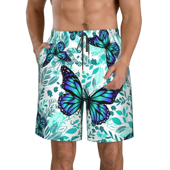 Kll Blue Floral With Butterflies Men'S Casual Summer Beach Shorts Hawaiian Shorts With Pockets-Xx-Large