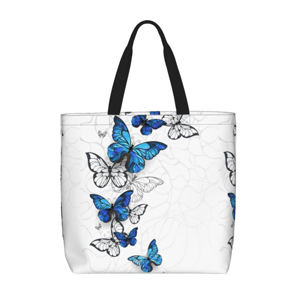 Kll Blue Flying Butterflies Pattern Aesthetic Tote Bag For Women Beach Bag Shopping Bags Shoulder Bag Reusable Grocery Bags
