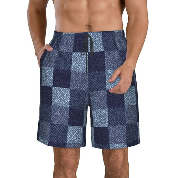 Kll Blue Gingham Buffalo Check Men'S Casual Summer Beach Shorts Hawaiian Shorts With Pockets-Large