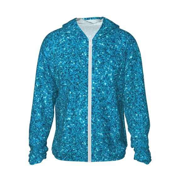 Kll Blue Glitter Print Men'S Women’s Upf 50+ Sun Protection Outdoor Hoodie Jacket Long Sleeve Fishing Hiking Performance Shirt- Large