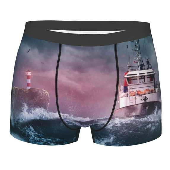Kll Boat Lighthouse Storm Waves Men'S Cotton Boxer Briefs Underwear-Small