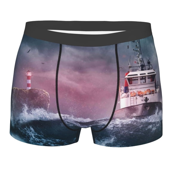 Kll Boat Lighthouse Storm Waves Men'S Cotton Boxer Briefs Underwear-Xx-Large